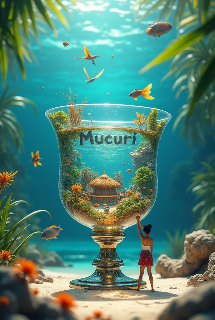 The word "Mucuri" should be large and eye-catching,Composed of aquatic organisms,Stand out in underwater environments。The text "GaetanoArt" should be prominently integrated into the tropical landscape,Clearly visible on the beach,Blend in with your surroundings。The scene includes a magical transparent genie lamp,Represents the microscopic world inside。The infinity edge of the cup creates a seamless connection between the microscopic world and the larger macroscopic world.。Tropical beach scenes still stand out,Take the hut、Featuring soft sand and vibrant tropical foliage。Marine Life,Including beautiful tropical fish,Interact with this magical environment,Enhanced balance between marine and tropical elements。Small tropical birds add life and energy to the scene,And tiny human figures—beautiful women and children—interact joyfully with the land and sea.。This lamp presents a transparent view of a mysterious microscopic world,Reflects tropical and marine environments