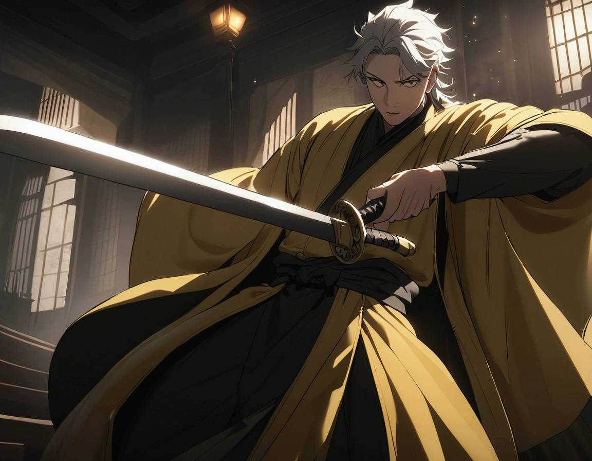BTS's Suga's face,Like a martial arts gang leader, Wearing a black and gold robe, and holding a long sword.