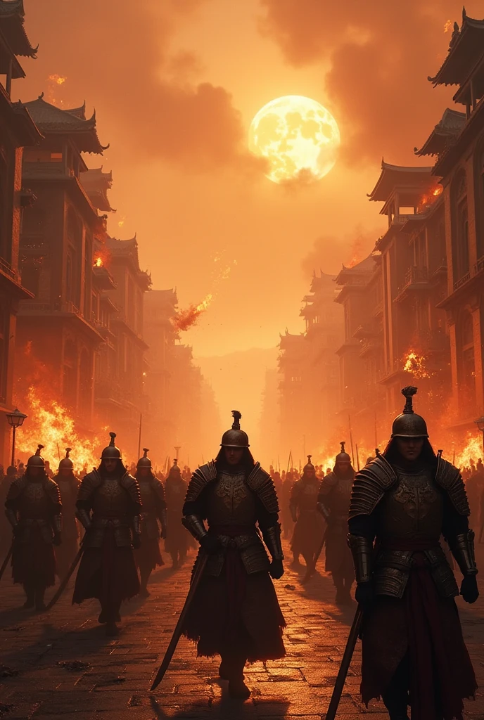 Three Kingdoms battlefield,The ancient city was engulfed in fire,Soldiers march