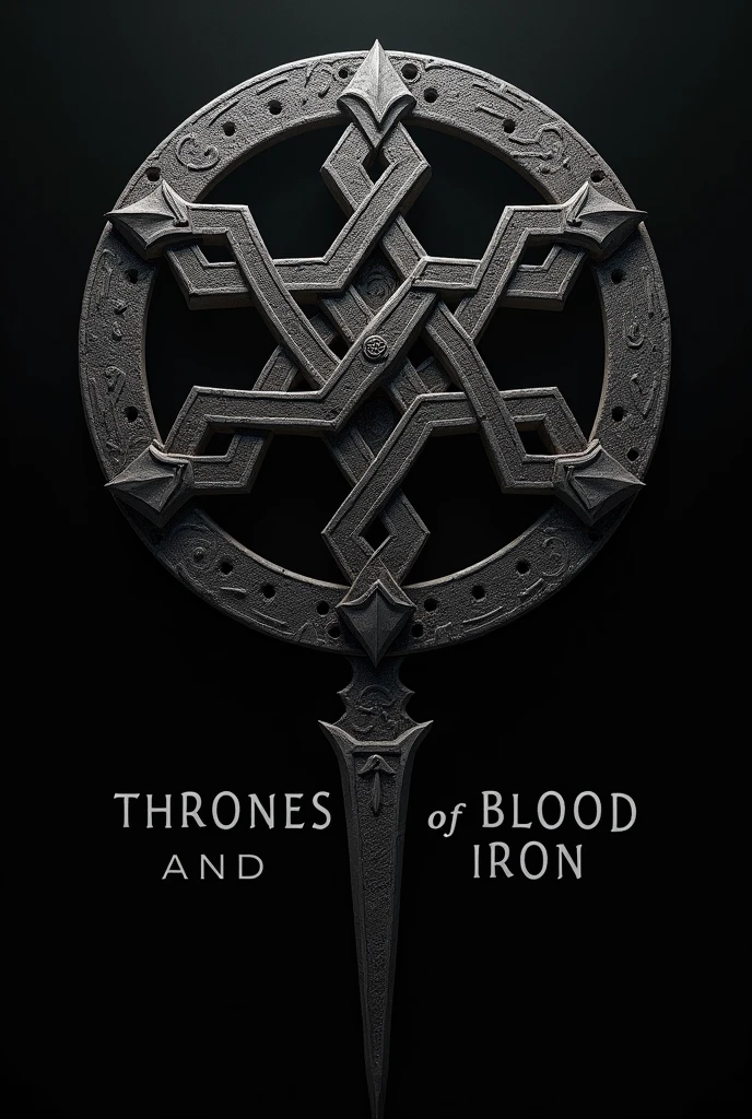 Viking symbol with black background and text “Thrones of blood and iron”