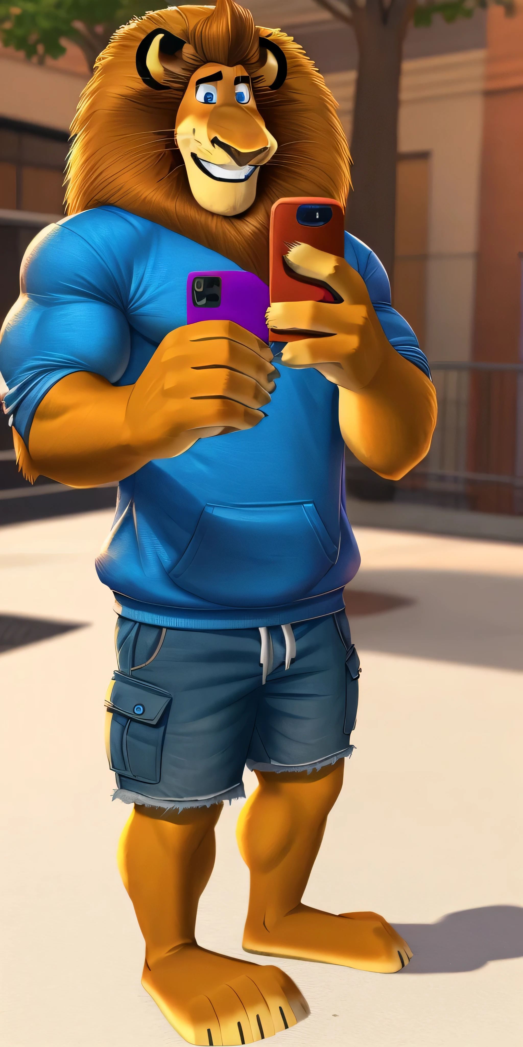Alex the Lion, muscular body, big biceps, extremely beautiful and cute face, perfectly detailed blue eyes with perfectly detailed pupils, wears blue sweatshirt, denim cargo shorts, bare feet, streets background, selfie, the kind of obedient, well-mannered, cultured, affectionate, a little shy and timid good boy, cutest and kindest smile