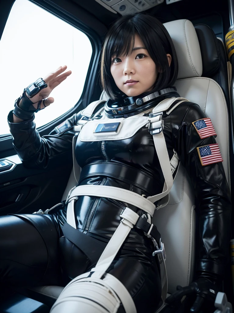 Japanese female astronaut,Black Hair,The spaceship's cockpit,Fully secured in the seat by a harness,A tight-fitting space suit,On life support,Plump,Slightly thicker,Open your crotch