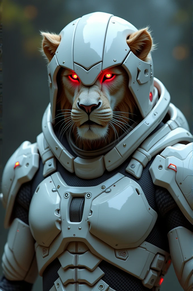 Lion in white glossy cyborg helmet and costume with red glowing eyes