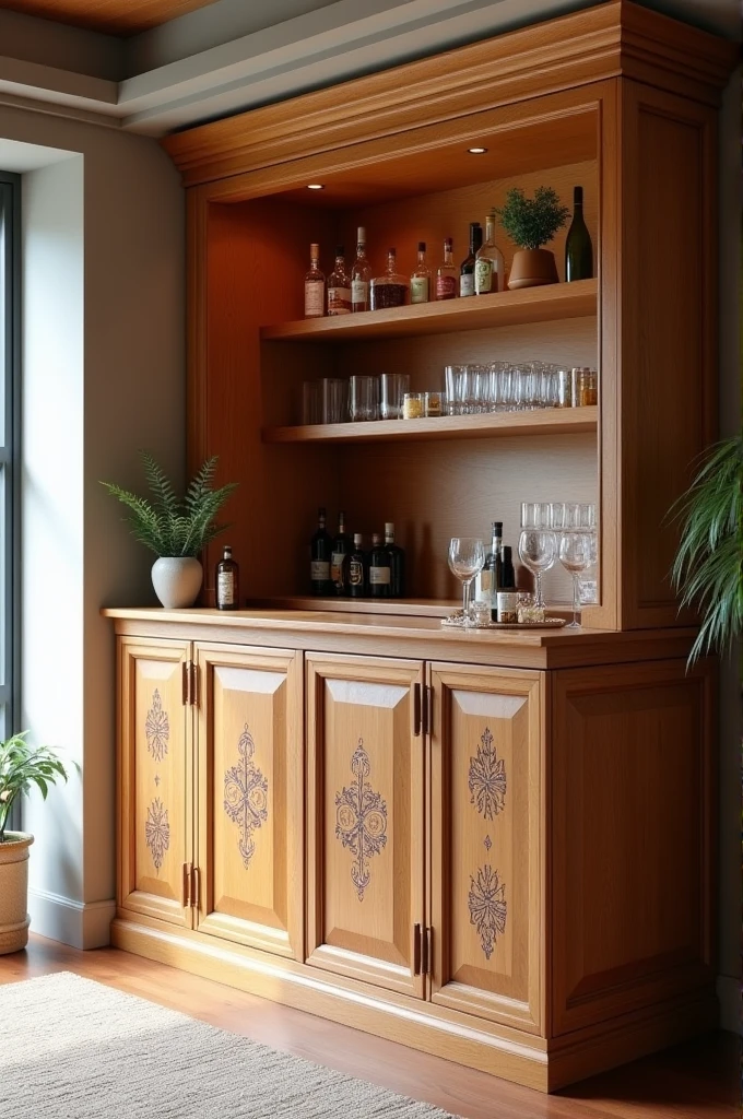 Generate ai home bar corner in wood laser engrave