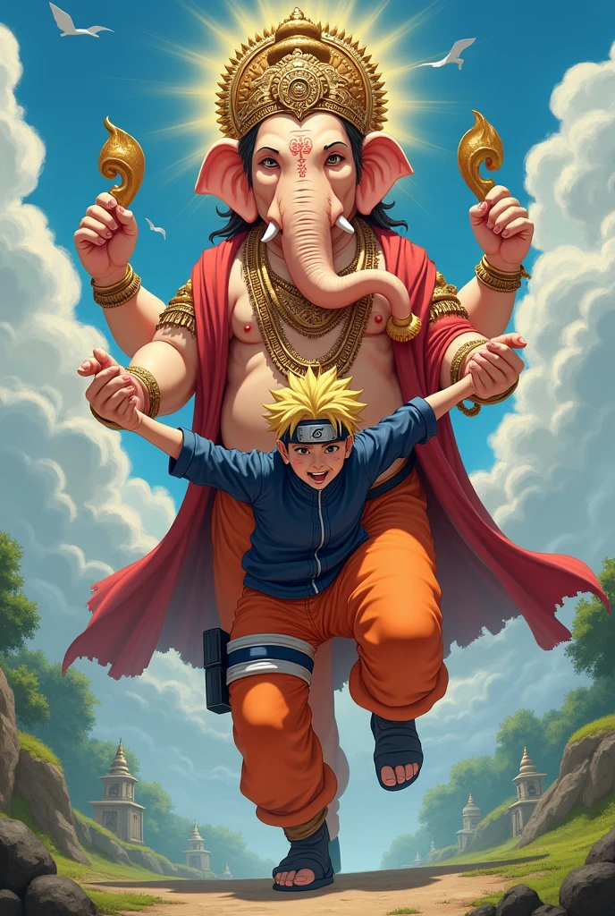 Naruto uzumaki lifting Lord Ganesh in traditional Ware 