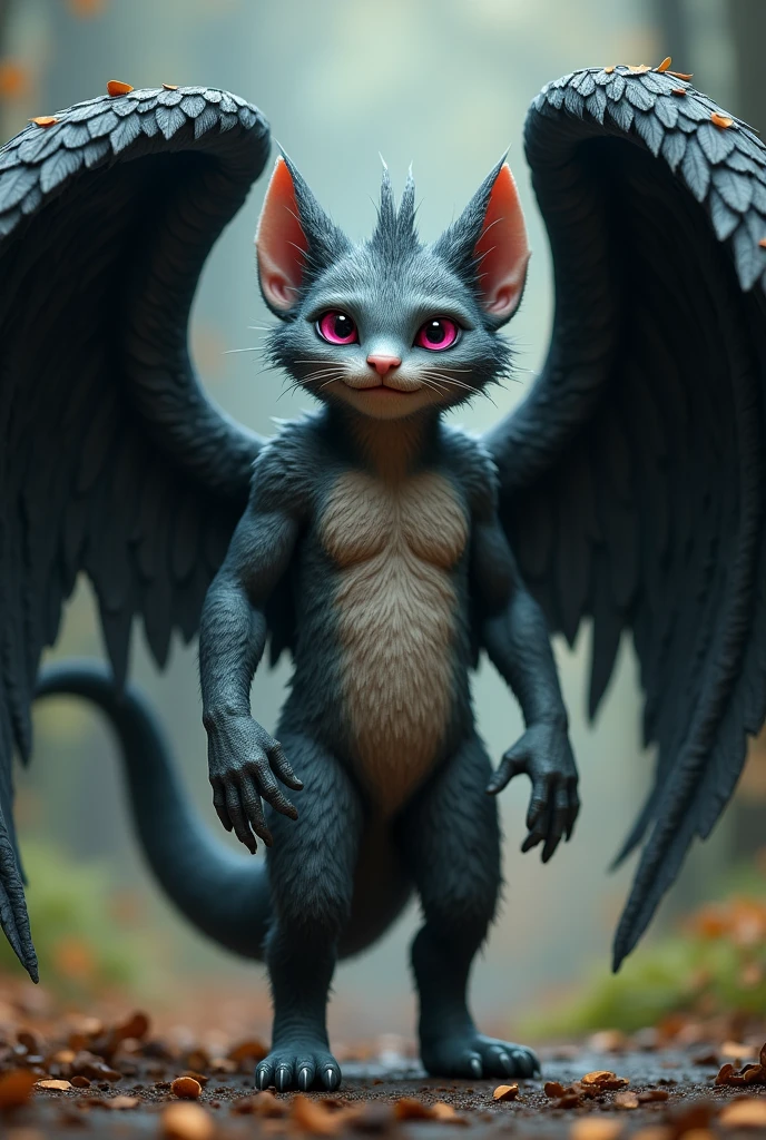 Humanoid creature with friendly face
humanoid face
Magical fantasy creature
Magical creature with a masculine appearance
Pink eyes
Pink eyes
Flaky textured skin
With black angel wings on the back