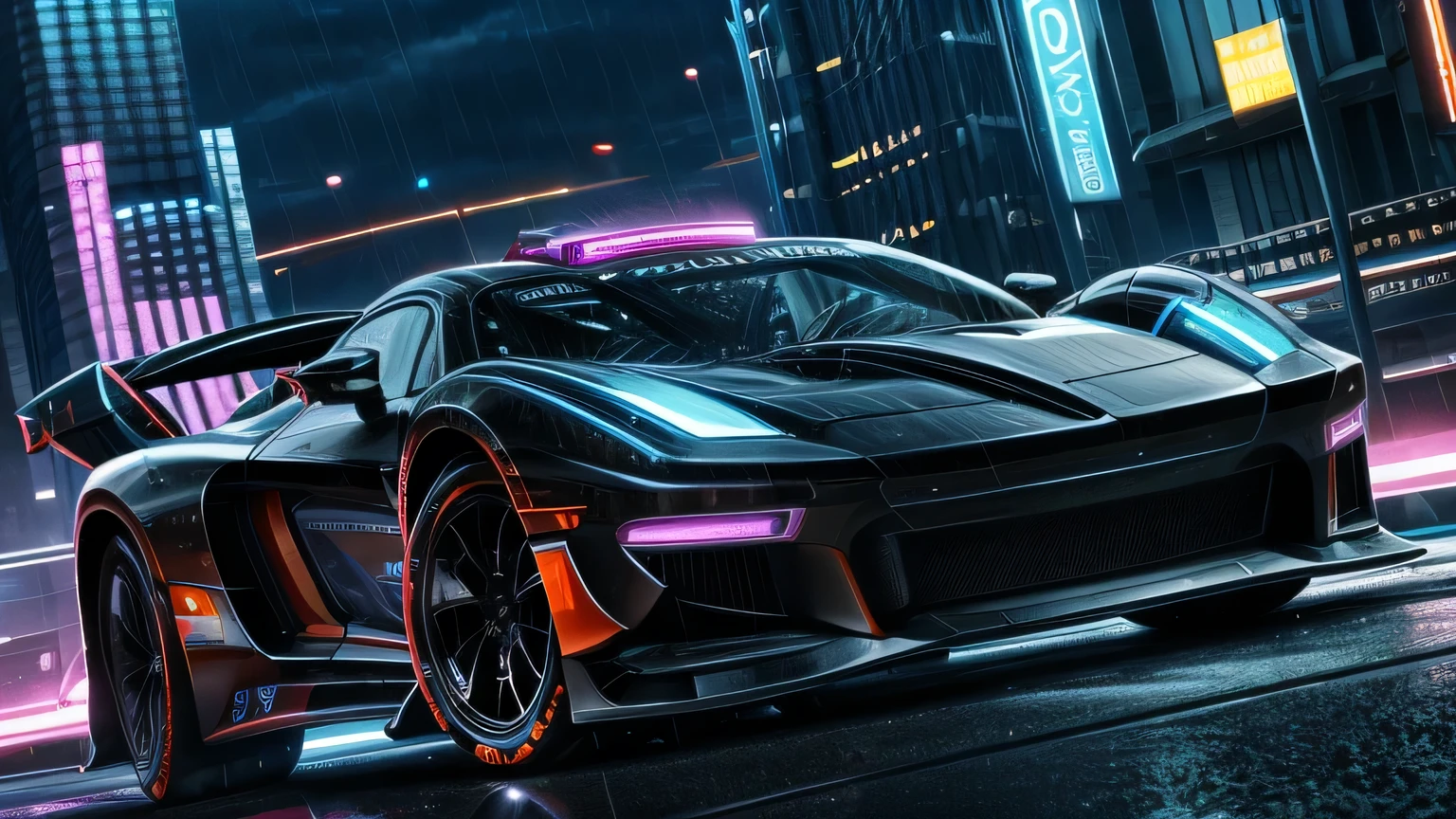a futuristic racing car, supercar, on the streets of a night city, neon lighting, photorealistic, highly detailed background, cinematic, dynamic composition, dramatic lighting, glowing, intricate details, sleek design, metallic sheen, glossy finish, low angle view, fast motion blur, urban cityscape, skyscrapers, rain, atmospheric, moody, vibrant colors, deep shadows, highlights, clean render, 8k, maximum detail