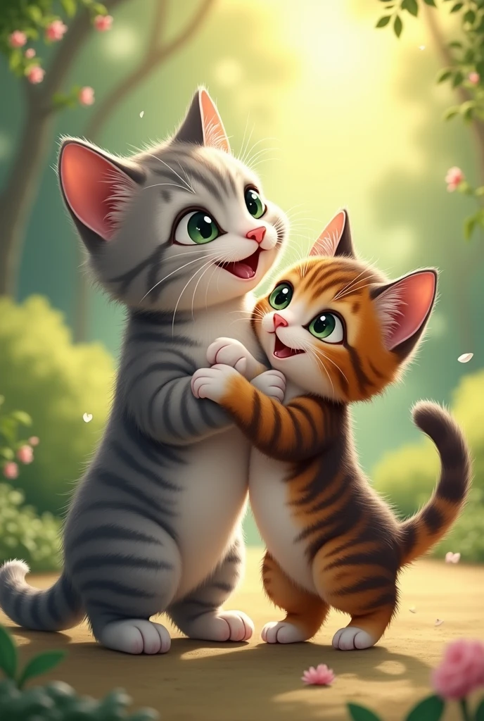 Dilute light grey tabby adult cat domestic short hair with green eyes, white chest, and white mittens playing with tortishell tabby kitten outside