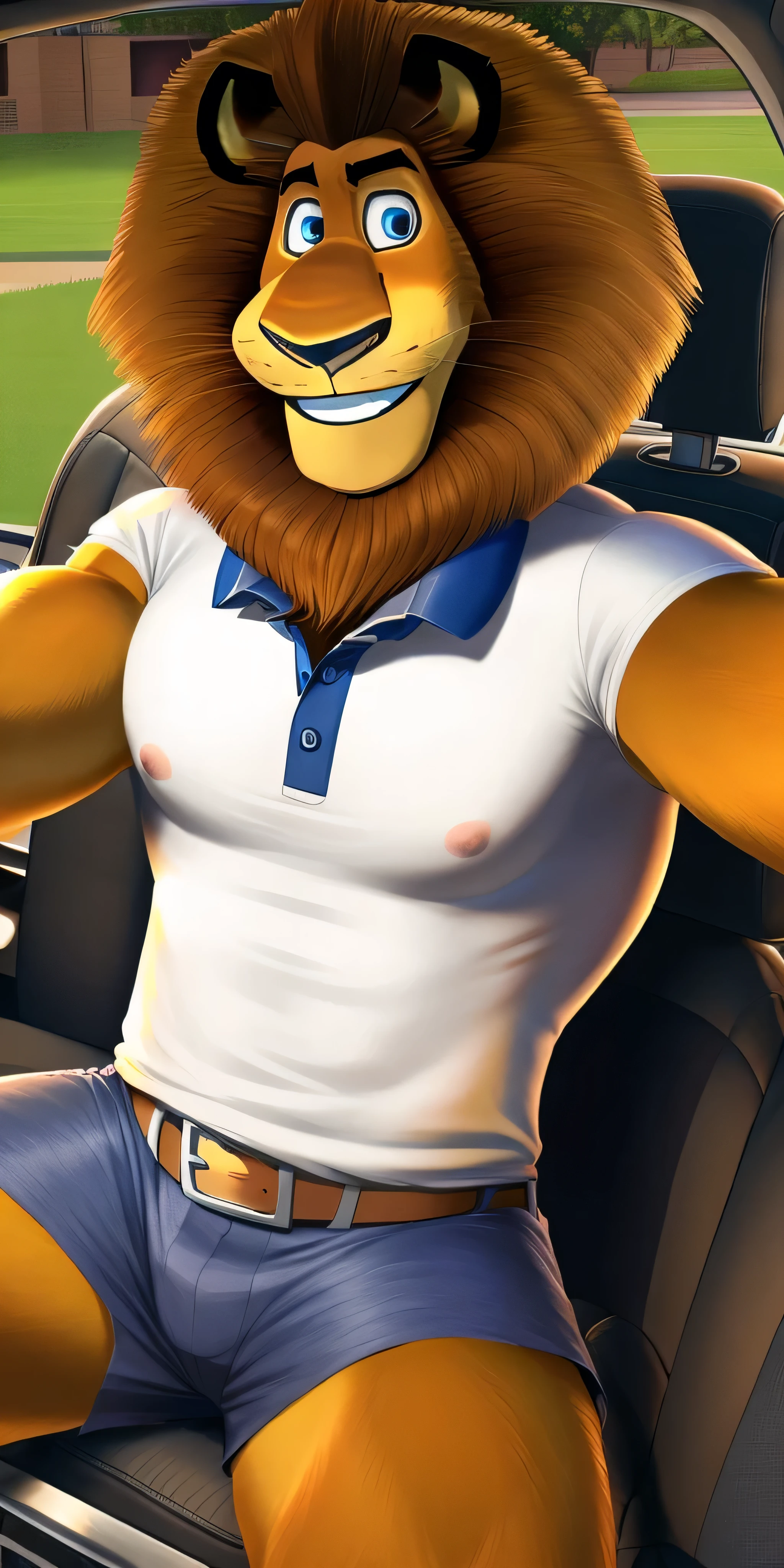 Alex the Lion, muscular body, big biceps, extremely beautiful and cute face, perfectly detailed blue eyes with perfectly detailed pupils, wears white polo shirt, cargo shorts, blue sneakers, sitting in car, selfie, kind look, cute smile