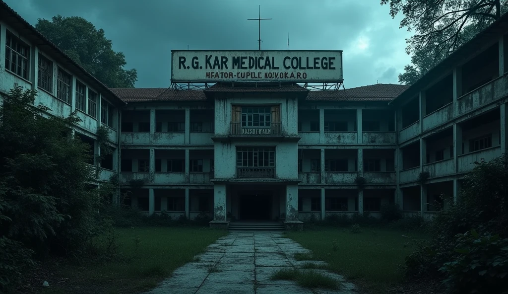 Made a medical college of india and the name of college is 'R G Kar Medical College'. The image is some horror and no any people in the image. Top of the college, a poster hanged because it show the name of college " R G Kar Medical College, Kolkata ". College made of building 
