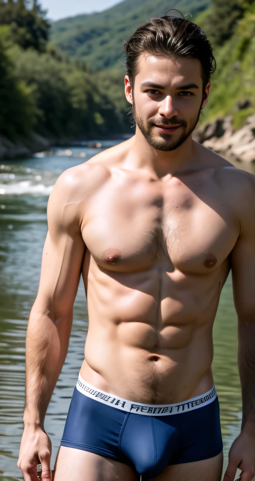 natural farther、Spain male、very handsome、abs、Pectoral muscle、 underwear、body hair、full-length picture,in the river,outside