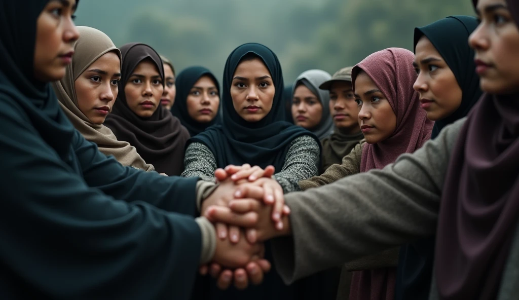 a group of muslims diverse people holding hands in a circle, unity, collective effort, detailed faces, highly realistic, cinematic lighting, photorealistic, 8k, best quality, masterpiece, dramatic color palette, moody atmosphere, powerful composition, awe-inspiring, cinematic, dramatic
