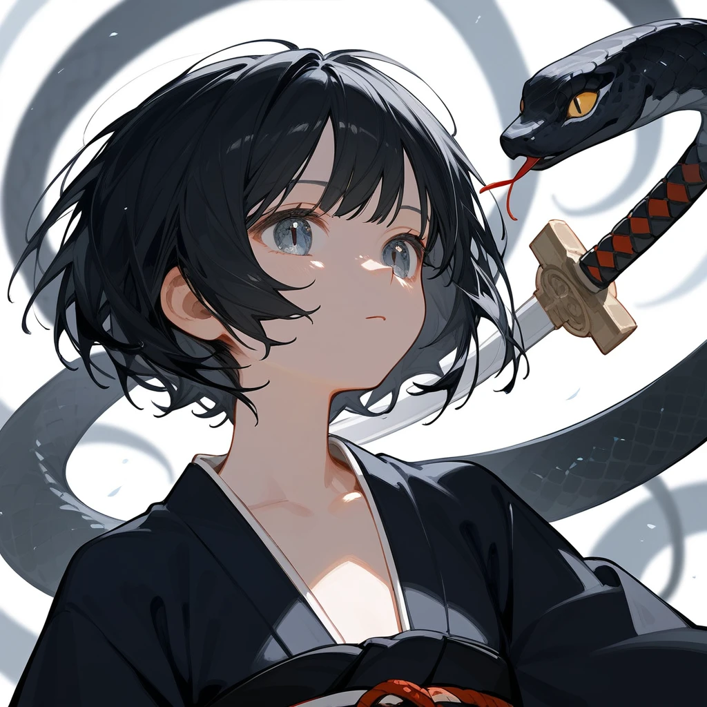 1 girl, Black Hair, iris, kimono, beautiful_face, Black snake motif, 蛇の鱗模様のkimono, Solo Illustration, short hair, 黒いkimono, Holding a sword, Upper Body, Close ~ eyes, 笑face, Flat Chest