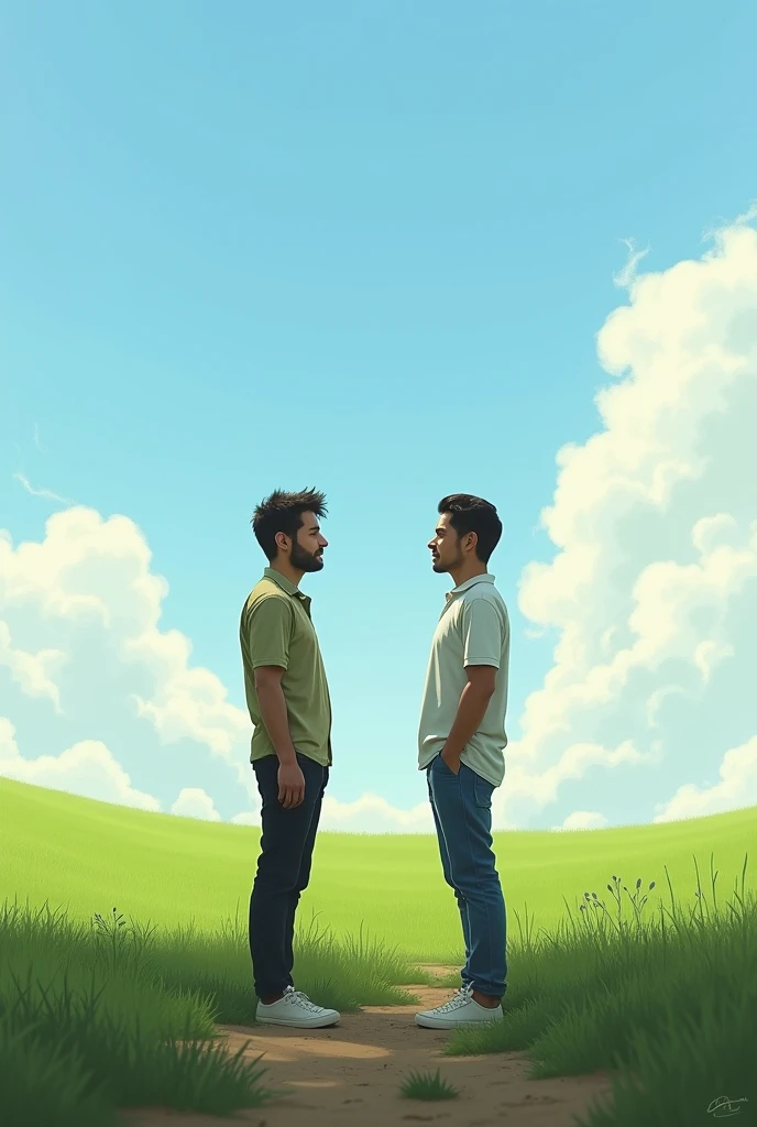 Two men are standing in an empty field