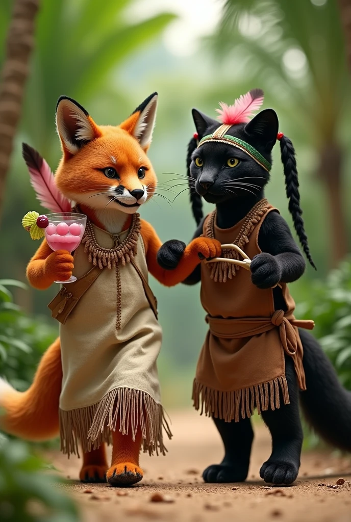 Realistic photography. An anthropomorphic orange furry fox with floor length orange hair. Fox in a beige linen floor-length dress with brown fringe along the seams of the dress. floor-length dress. The fox has a headband of pink feathers in Indian style. A fox holds a sling with a grape cocktail in its paw. The fox is being held by the paw by an anthropomorphic black panther with blue eyes,wild cat panther with a long tail of a real panther. Panther in a brown floor-length dress with a brown belt with tassels. The panther has a hairstyle of two long ponytails of black hair reaching the floor.. The panther has a green Indian-style feather headband on his head.. The panther holds a small bow and arrow in its paw.. A fox and a panther are walking through a palm forest and playing Indians. They are both short.. Both are beautiful. They are agers, .. Realistic photography лисы и дикой пантеры