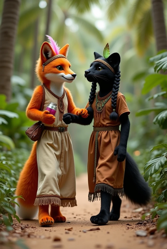 Realistic photography. An anthropomorphic orange furry fox with floor length orange hair. Fox in a beige linen floor-length dress with brown fringe along the seams of the dress. floor-length dress. The fox has a headband of pink feathers in Indian style. A fox holds a sling with a grape cocktail in its paw. The fox is being held by the paw by an anthropomorphic black panther with blue eyes,wild cat panther with a long tail of a real panther. Panther in a brown floor-length dress with a brown belt with tassels. The panther has a hairstyle of two long ponytails of black hair reaching the floor.. The panther has a green Indian-style feather headband on his head.. The panther holds a small bow and arrow in its paw.. A fox and a panther are walking through a palm forest and playing Indians. They are both short.. Both are beautiful. They are agers, .. Realistic photography лисы и дикой пантеры