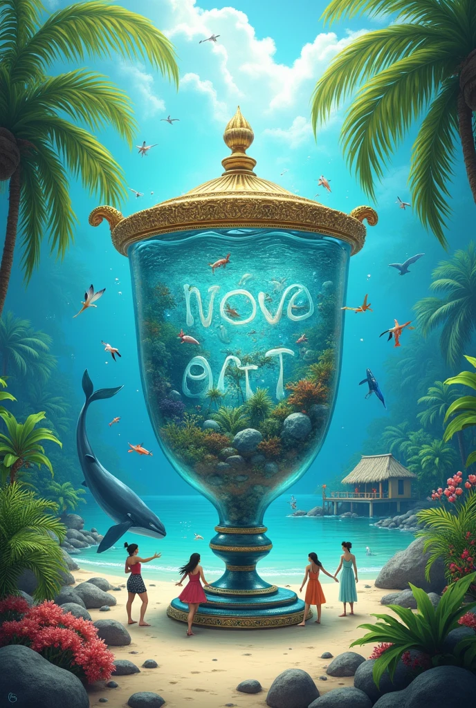 The primary focus of the image should be the texts 'Nova Viçosa' and 'Gaetano Art.' The text 'Nova Viçosa' should be large and visible, composed of aquatic life, standing out in the underwater environment. The text 'Gaetano Art' should be prominently integrated into the tropical landscape, clearly visible on the beach and blending harmoniously with the surroundings. The scene includes a magical, transparent Genie's lamp that pours not tea, but swirling mystical energy into a genie's cup, which represents the micro-world inside. The infinite edge of the cup creates a seamless connection between the micro-world and the larger macro world. The tropical beach scene remains prominent, featuring a small chalet, soft sand beaches, and vibrant tropical plants. Sea creatures, including a whale, interact with this magical environment, enhancing the balance between the marine and tropical elements. Small tropical birds add life and vibrancy to the scene, while tiny human figures—beautiful women and children—interact joyfully with both the land and sea. The lamp reveals a transparent view into a mystical micro-world that mirrors the tropical and marine environments outside. Ultra-high detail, realistic texture, and a harmonious flow between the worlds evoke an infinite, artistic vision.