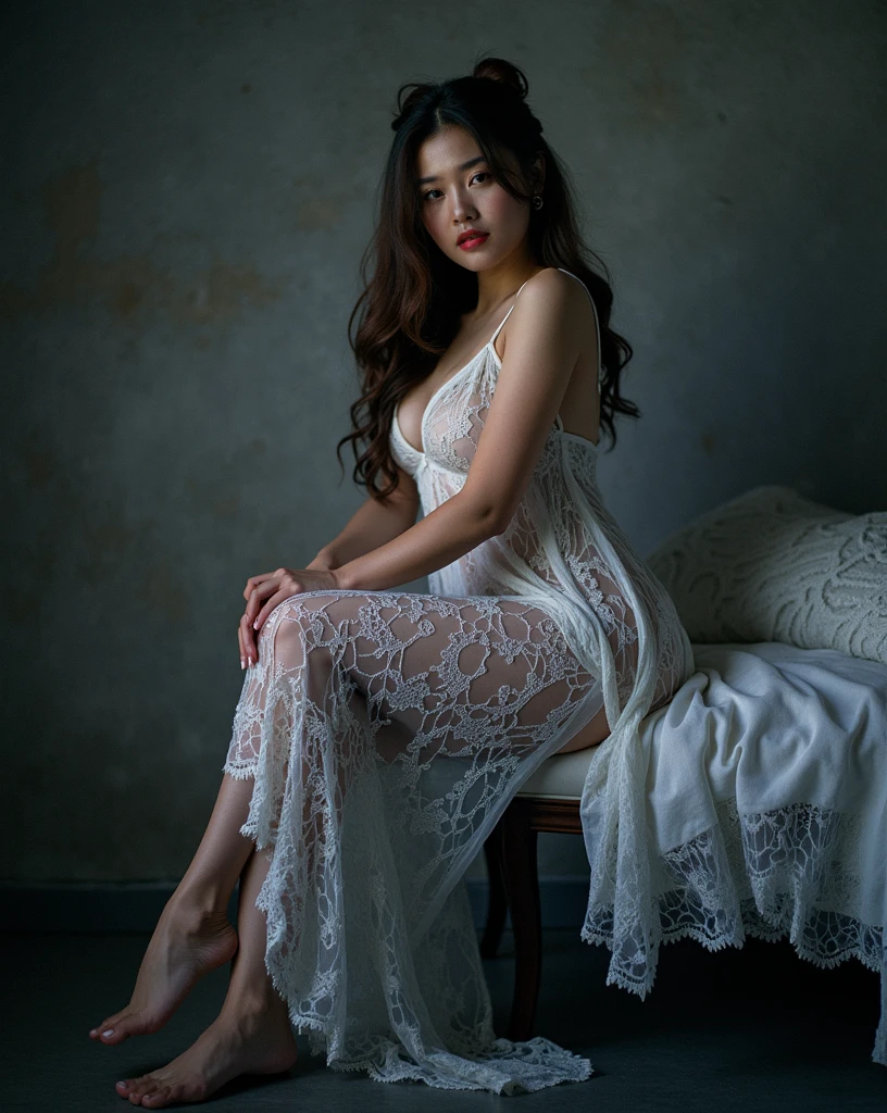 (Highest quality:1.4),(masterpiece:1.4),(Realistic:1.4),(Realistic:1.2),(超High resolution, RAW Photos:1.4),(High resolution, Very detailed:1.2),(8k:1.2),photograph,(Shot from behind:1.3)、Korean women、brown hair photos,One Woman,alone,(In underwear),Very large breasts,((Thigh to head shot:1.3))、(((topless、You can see her large breasts from the side.)))、((Toothy smile))、((Very large breasts:1.4))、Realistic skin textures、Slightly freckled、Slender figure、Realistic skin textures、((background,Concrete wall:1.3)),(topless,The breast is visible from the side:1.6),(Long lace slip,White)、3 woman、The angle at which the nipple is not visible、((Updo long hairstyle))、((Black,Long lace slip:1.4))、Correct toes、Detailed facial features、Long slip covers the buttocks and soles of the feet、Long slip covers your butt、