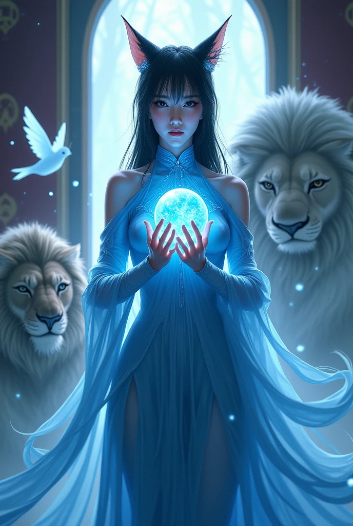 Asian Witch,black hair,Blue body,cat ears,Long slender fingers,straight face,Ice Creation ,Holding a marble,Fairy flies behind,There is a griffin,There is a lion.,Magic Castle