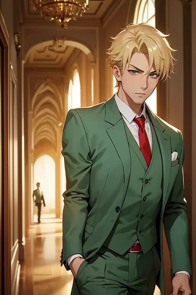 1man, solo, upper body, loidforger man with light green three-piece suit with a red tie run in corridor palace germany, blonde, blurry background, dramatic, dynamic pose, spy x family, secret agent, bokeh,
