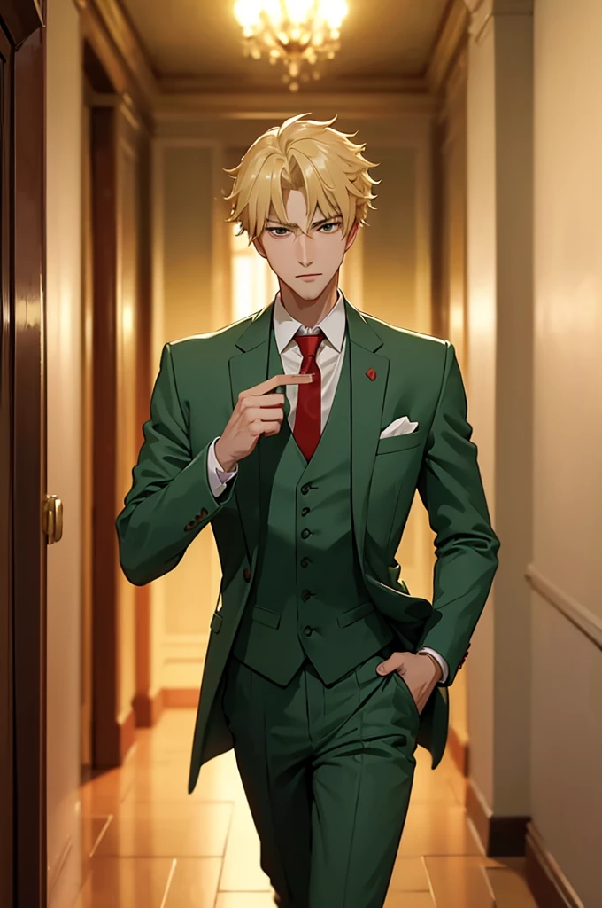 1man, solo, upper body, loidforger man with light green three-piece suit with a red tie run in corridor palace germany, blonde, blurry background, dramatic, dynamic pose, spy x family, secret agent, bokeh,
