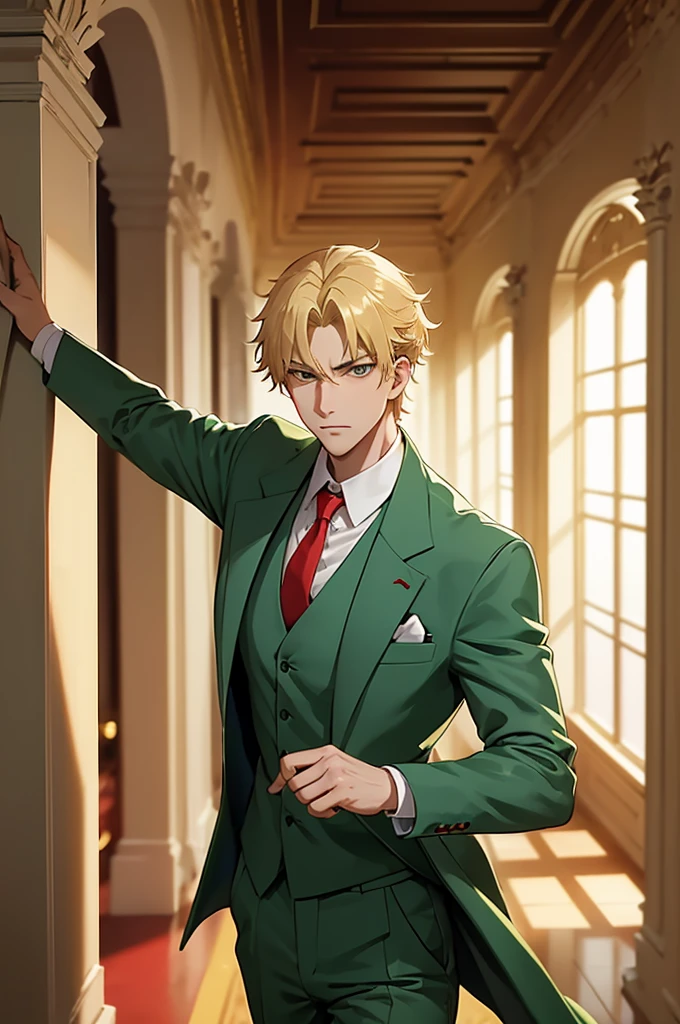 1man, solo, upper body, loidforger man with light green three-piece suit with a red tie run in corridor palace germany, blonde, blurry background, dramatic, dynamic pose, spy x family, secret agent, bokeh,
