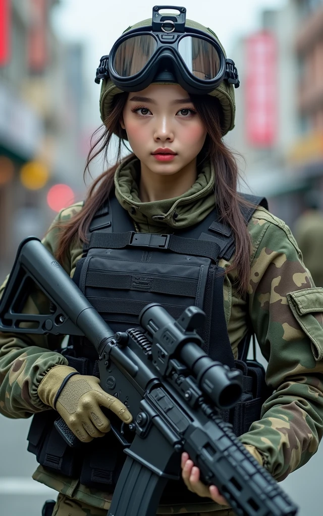 Ultra-high resolution,High-resolution details,Super sexy Korean female soldiers in army camouflage uniforms,Wearing a black military vest,Advanced and complete equipment,fully armed(1 Korean female soldier,Super beautiful,Super fair skin,Super white face)Reveal full breasts, She carries a weapon while patrolling the streets