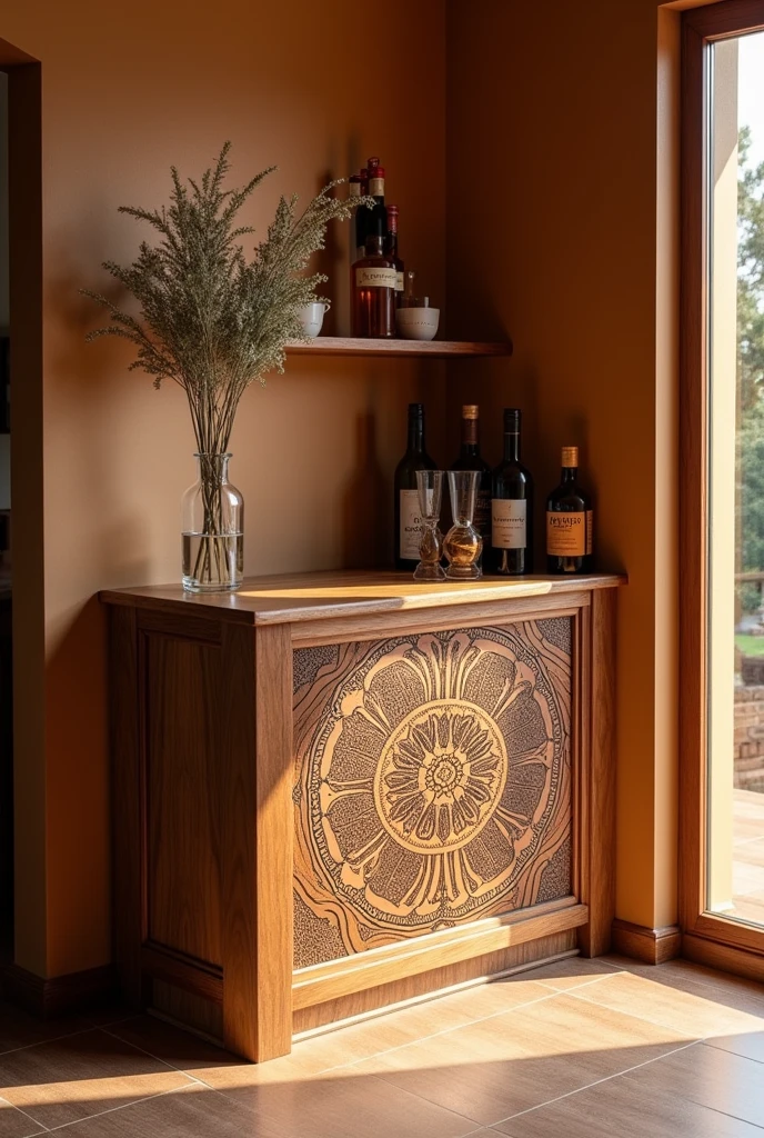 Generate ai an African design small home bar corner in wood laser engrave