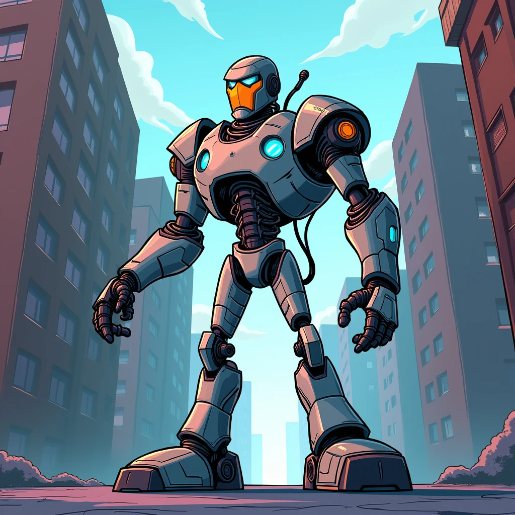 Cartoon design of syborg without figure and tall and without big head in teen titans animation on the building