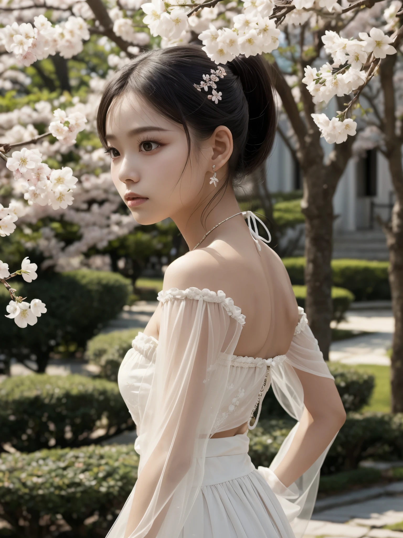 girl, standing, tree branch, from side, medium wide shot, off-shoulder strapless white (see-through:1.2) hanfu, flower embroidery trim, high ponytail hair updo, chinese hairpin, detailed face, (looking at viewer:1.4), cherry blossom, long earring, sharp focus, (tyndall effect:1.2), chinese temple, blurry background, bokeh, realism, beautiful, soft lighting, intricate details, warm colors, (full body:0.6),