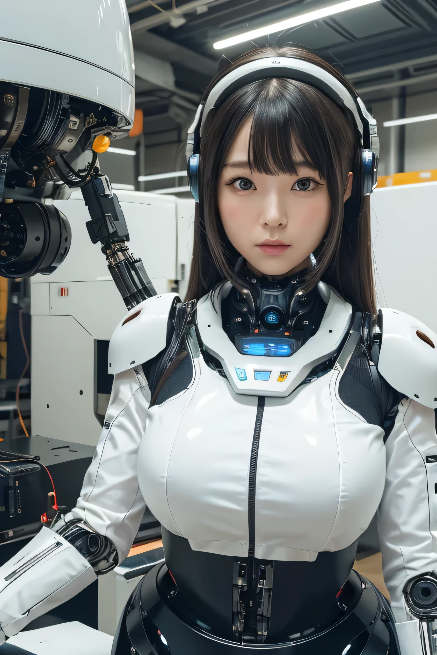 masterpiece, best quality, extremely detailed, Japaese android girl,portrait,Plump,a bit chubby,control panels,android,Droid,Mechanical Hand, Robot arms and legs, Black hair,Blunt bangs,perfect robot girl,long tube,thick cable connected her neck,android,robot,humanoid,cyborg,japanese cyborg girl ,robot-assembly plant,She is assembling now,assembly scene,blue eyes,chest monitor