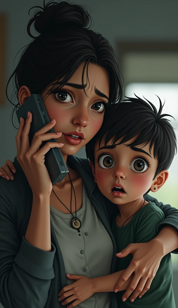 Woman talking on the phone and feeling scared next to her son