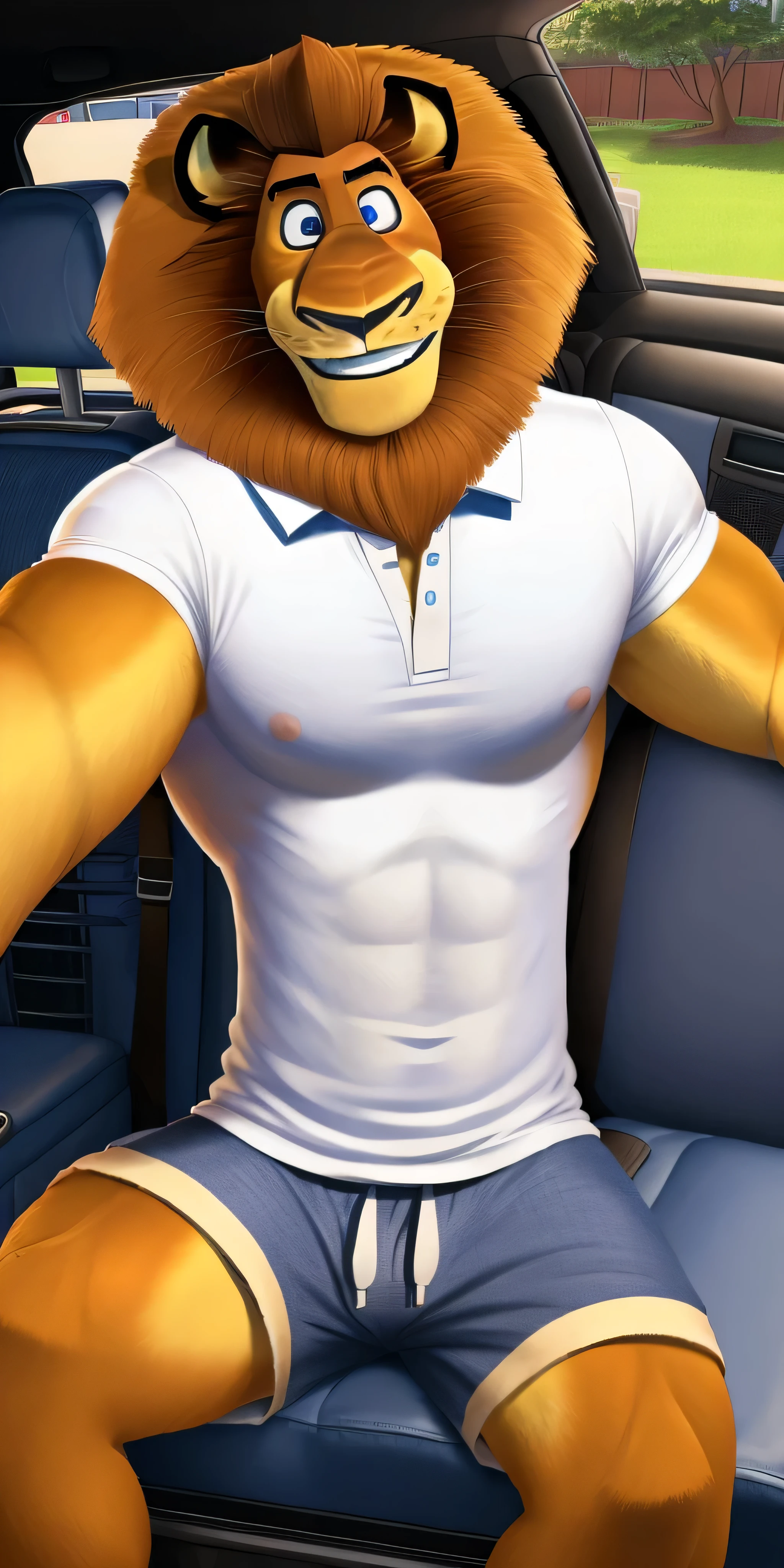 Alex the Lion, muscular body, big biceps, extremely beautiful and cute face, perfectly detailed blue eyes with perfectly detailed pupils, wears white polo shirt, cargo shorts, blue sneakers, sitting in car, selfie, kind look, cute smile