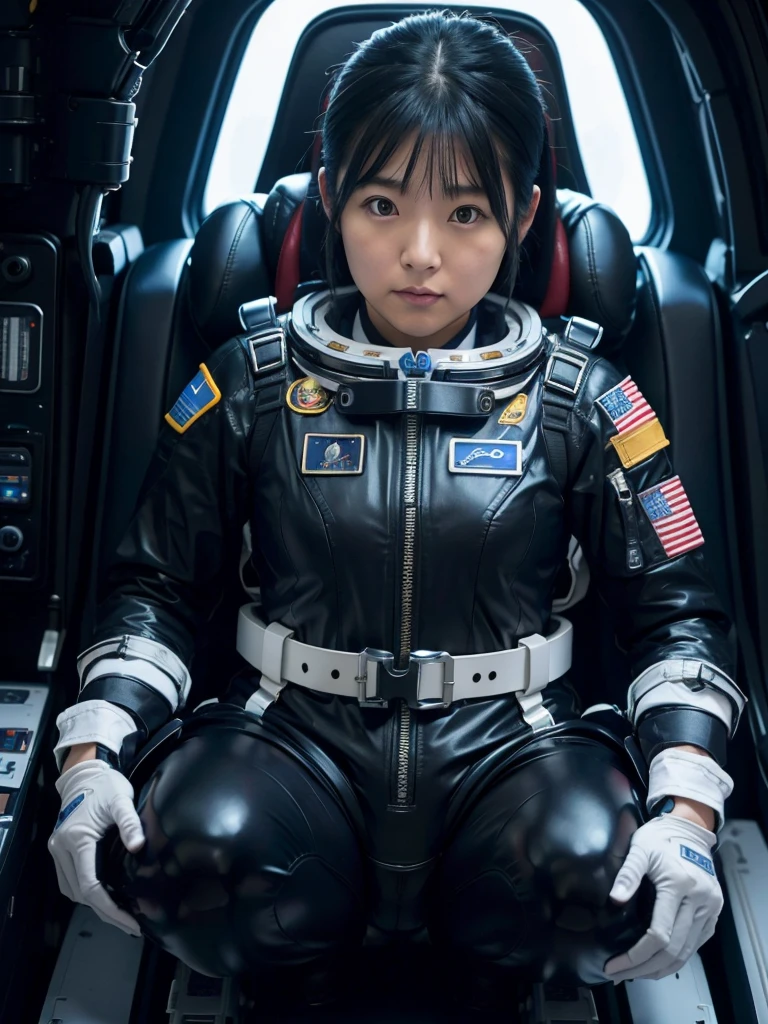 Japanese female astronaut,Black Hair,The spaceship's cockpit,Fully secured in the seat by a harness,A tight-fitting space suit,On life support,Plump,Slightly thicker,Squat