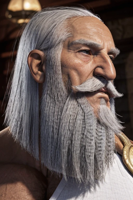 80 year old muscular man with white beard,  well groomed moustache, bushy grey eyebrows, absurdly huge nose, hawk nose, concave nose, nose with pronounced bridge and outward curve that protrudes from the base of the nose, big old man nose, 80 years old daddy
