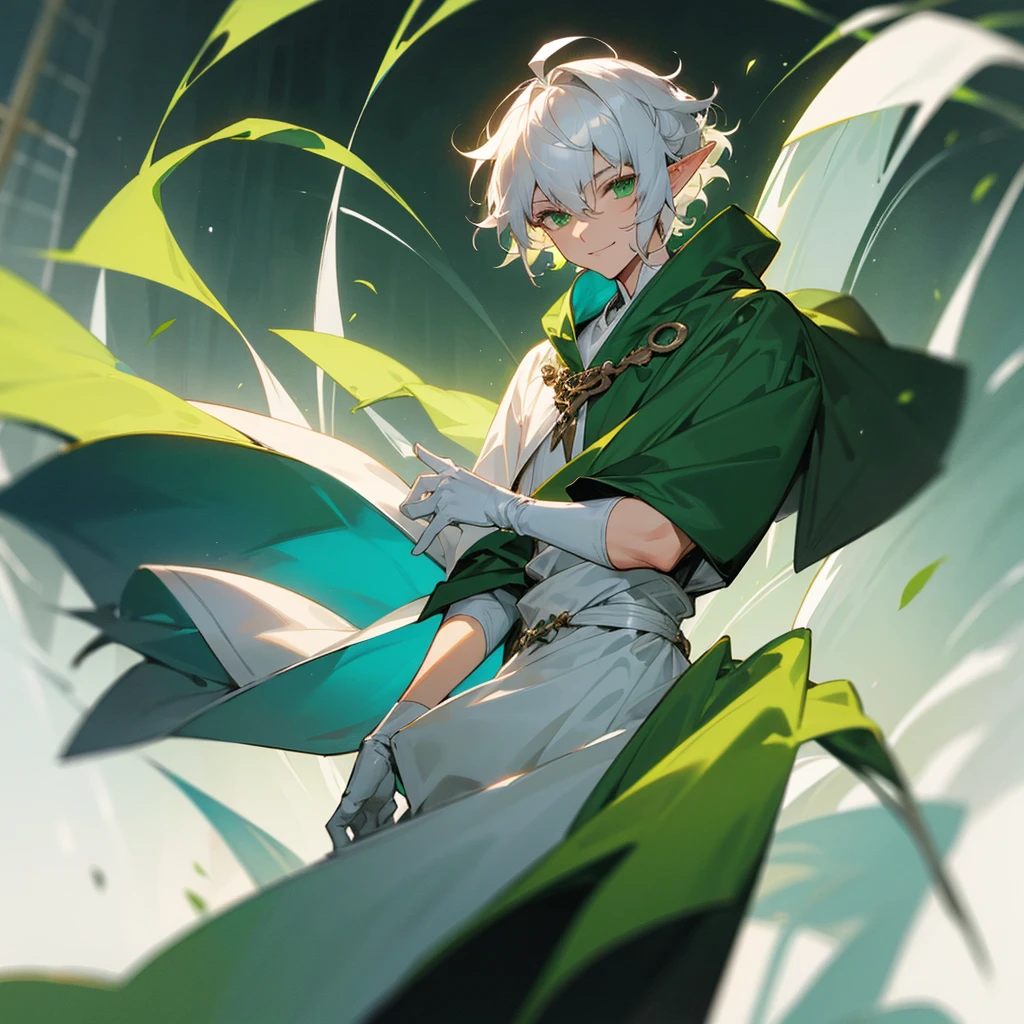 elf, male, silver hair,short hair, medium cut, ahoge, curly hair,green eyes,slender, fair skin, green robe, cloak, White gloves, cool mild Smile, windmill