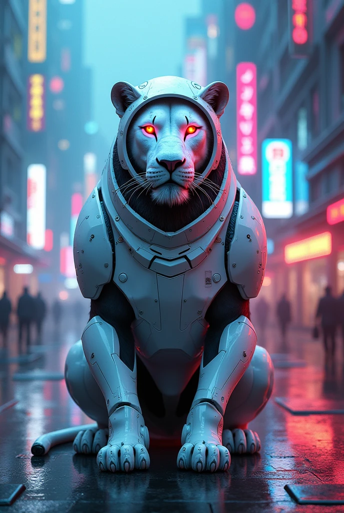 Lion in white glossy cyborg helmet and costume with red glowing eyes sitting in cyberpunk neon city with blue and pink light 