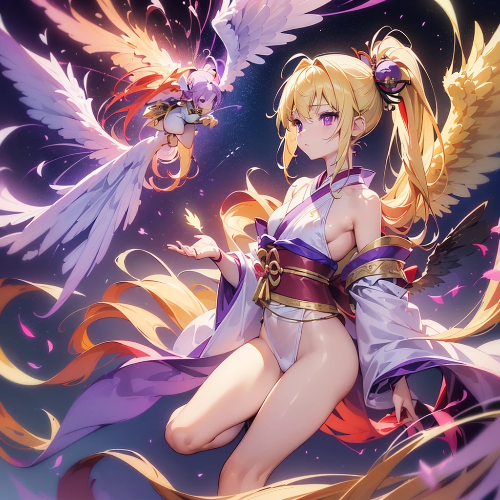 (((Best Quality)) (((One Person))) (anatomically correct) (long side ponytail 1.4),facing this way, angel,((small breast))(young)((big wings))kimono of the god of Japan1.8,long blonde 2.0((holding the legendary red claymore))((purple eyes)) universe 1.8, galaxy in the background