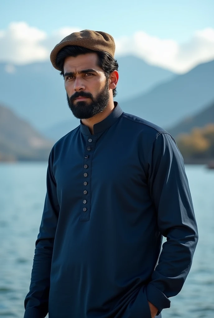 "Create an image of a bearded man with dark hair, wearing a navy blue shalwar kameez and a brown checkered cap. He is standing in front of a scenic lakeside view with mountains in the background under a clear blue sky. The man has a serious expression and is looking slightly to the side. The lake and distant mountains are slightly blurred, emphasizing the man's features, and the natural light highlights the peaceful outdoor setting."