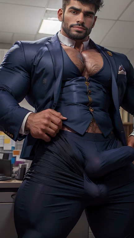 Office close up focus on press down and hold bulge by hand wetty bulge indian perfect wetty big hairy monster bulge in formal suit pant, masterpiece, seductive, erotic, exotic bulge