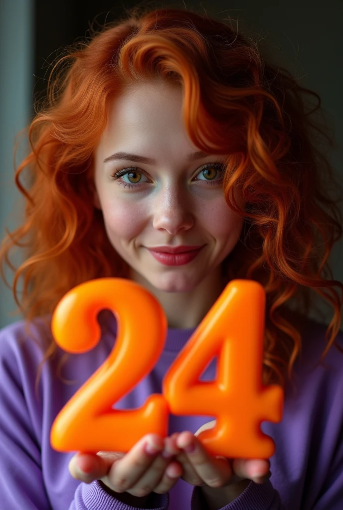 naughty pompous with a cute smile sexy fashionable girl with her face clearly straight at the viewer, professional, portrait photography, studio light from above and backlight from behind the head, European appearance with fair skin, cutie, holds in his hands voluminous orange numbers 24 , very detailed, beautiful detailed face, curly red hair, beautiful eyes, --Detailing, whole body, a lot of femininity, purple sweatshirt, Tempting, Dazzling, Black background