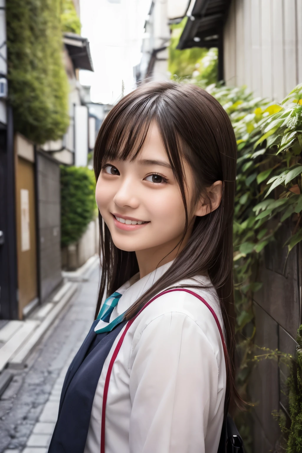 ung girl,very cute and beautiful japanese teenress,highly detailed beautiful face, looking at viewer,smile,happy,school uniform,zettai ryouiki,narrow alley in tokyo,stone wall in front of modern building,hotel signage,trees,shrubbery, solo,real person,photorealistic,8k,raw photo,