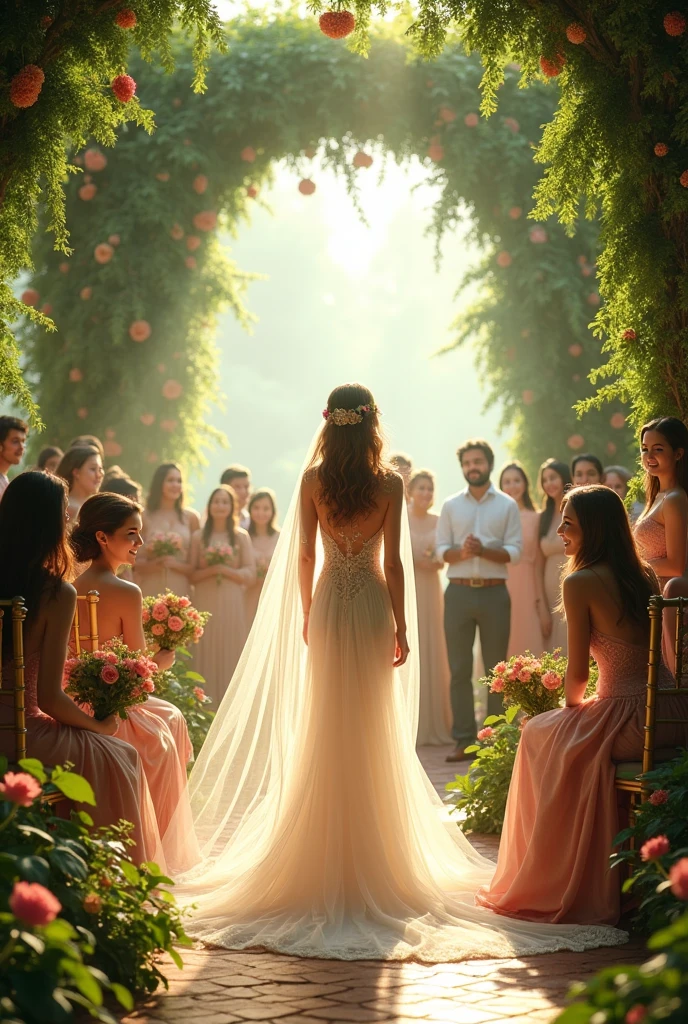 Draw a scene from a wedding that takes place in an incredibly beautiful place decorated with various plants from ceiling to floor. There stands a bride in an elegant dress and her friends nearby.