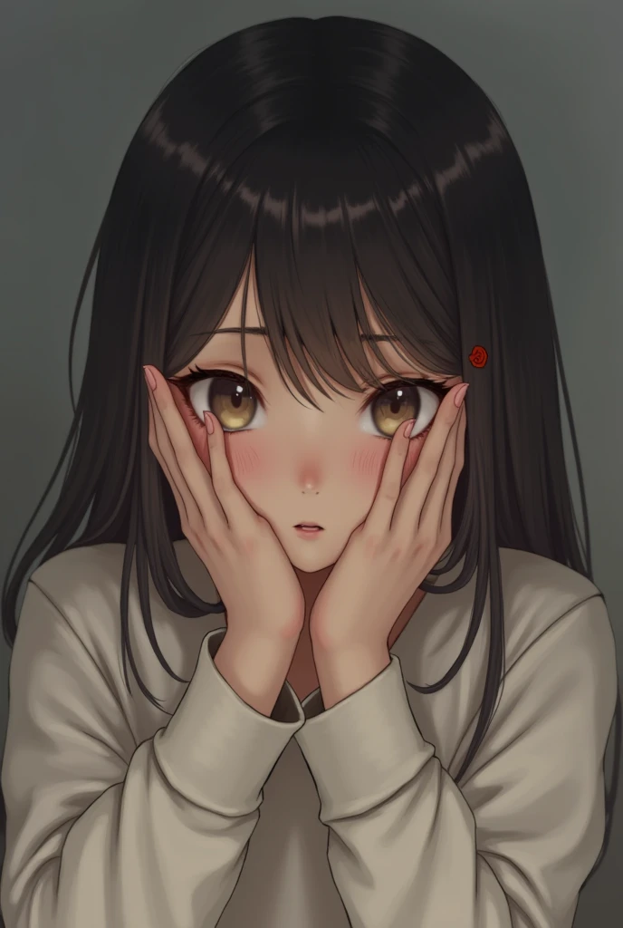 **The girl seems shy or embarrassed.** Her body language suggests she's trying to hide her face from the camera, perhaps feeling self-conscious or uncomfortable. It's difficult to say for certain without more context, but she might be shy, embarrassed about something, or simply not wanting to be photographed.