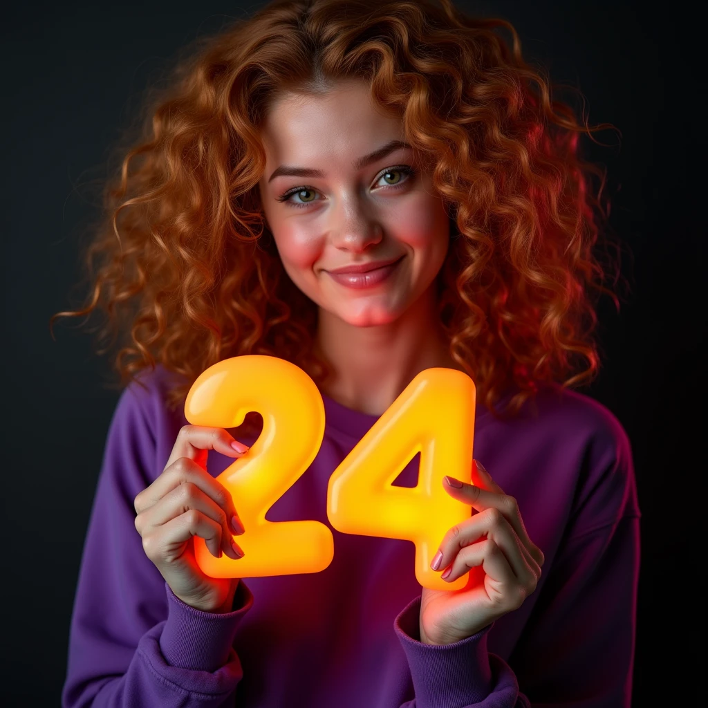 naughty pompous with a cute smile sexy fashionable girl with her face clearly straight at the viewer, professional, portrait photography, studio light from above and backlight from behind the head, European appearance with fair skin, cutie, holds in his hands voluminous orange numbers 24 , very detailed, beautiful detailed face, curly red hair, beautiful eyes, --Detailing, whole body, a lot of femininity, purple sweatshirt, Tempting, Dazzling, Black background