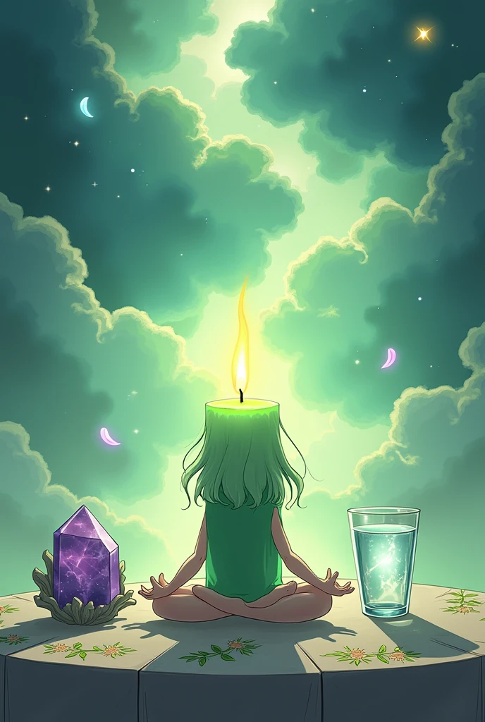 Help me create an altar with a lit green candle, a bundle of silver to make incense, an amethyst quartz, and a glass of water, This with an anime style