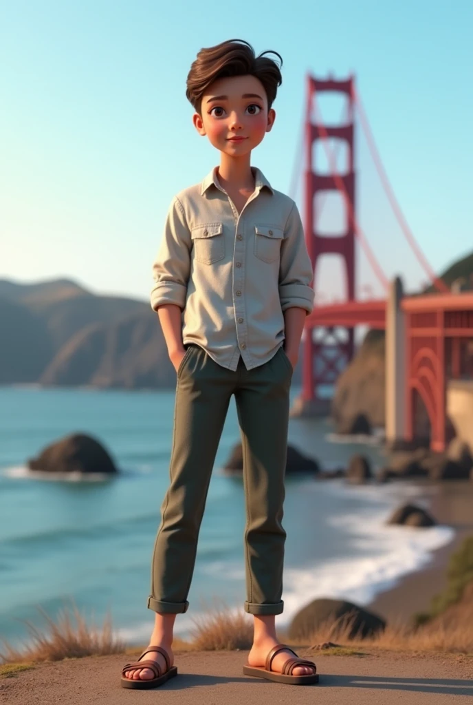 full_body, standing, sandals, (shirt), pants, (golden gate bridge), (teacherkeidi: 1.3), perfect face, (contact iris: 1.1), pale skin, skin pores , depth of field