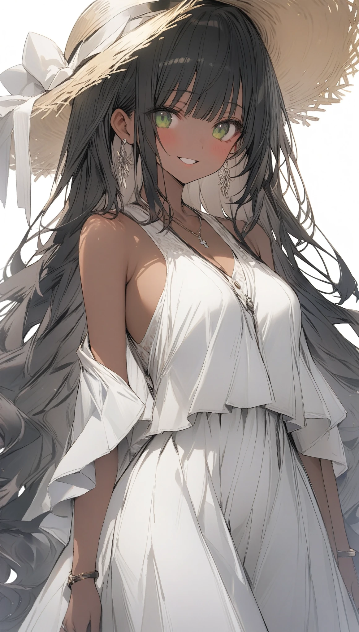 {{masterpiece}}, The best quality of life, 超High resolution, Attention to detail, high quality, High resolution, 最high quality, 4K, 8k,Attention to detail、BREAK、Black Hair、very long hair、Hime cut、curi inside hair、BREAK、One Woman、Perfect proportions、wheat skin、Tan Skin,BREAK,Perfect dark green eyes、tareme、smile, happy、BREAK,((White background))BREAK、White dress、mini dress、deep U-neek、cleavagte、straw hat、during、circle earrings、bracelet、ring、BREAK、Cowboy Shot、Watching Me