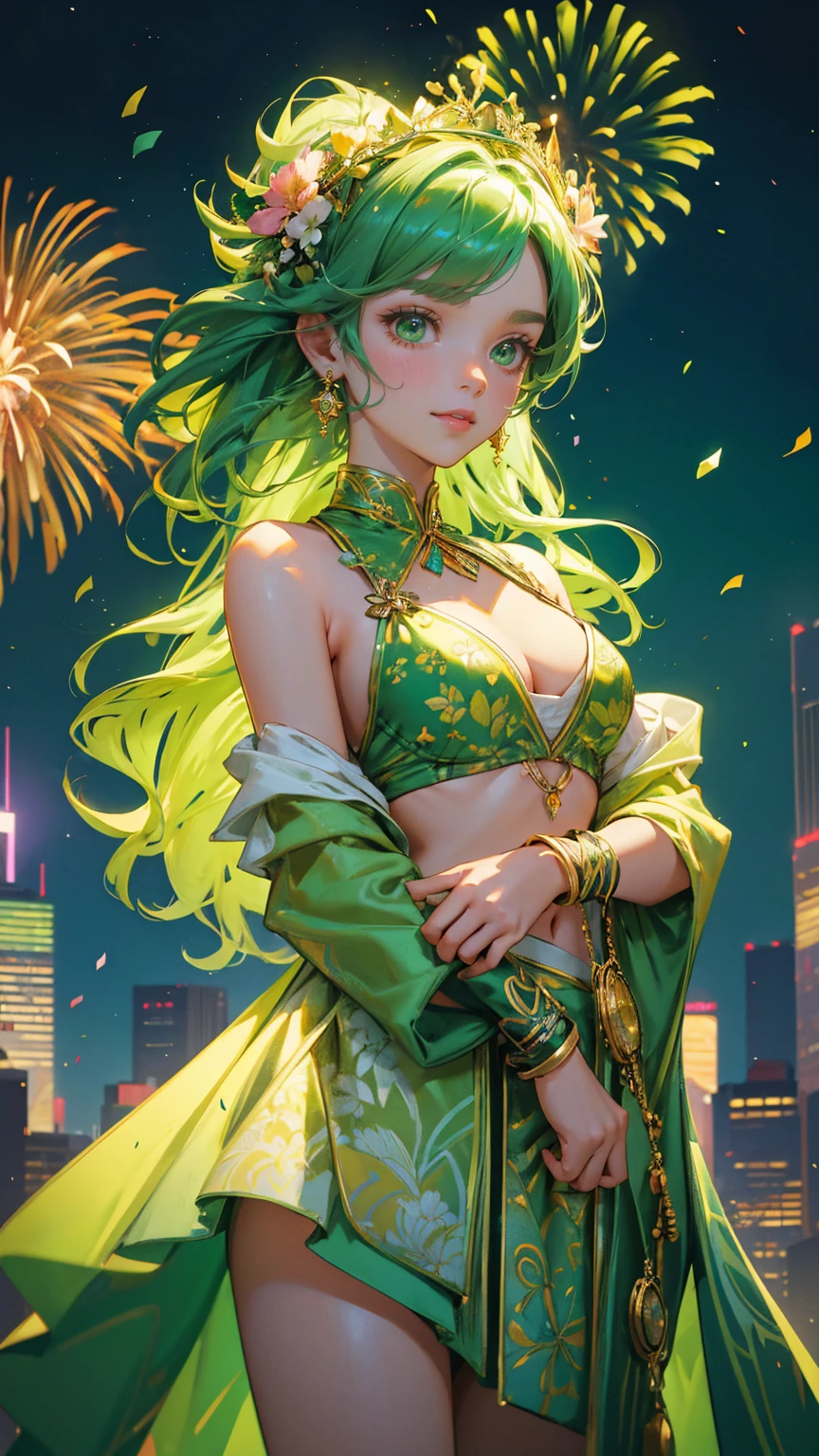background more green color visible and add green color A vibrant celebration scene in a futuristic city in gren color , featuring three beautiful, cute girls in festival attire. The central girl is wearing a colorful flower crown adorned with glowing coins and a bikini top with decorative patterns, raising her arm joyfully in the air. The other two girls are dressed in similarly festive and stylish outfits, with accessories that sparkle in the light. They are surrounded by tall, green, glowing skyscrapers that resemble candlestick charts, and confetti is falling all around them. Fireworks burst in the background, illuminating the night sky with green hues, creating a lively, energetic, and fun atmosphere, green color