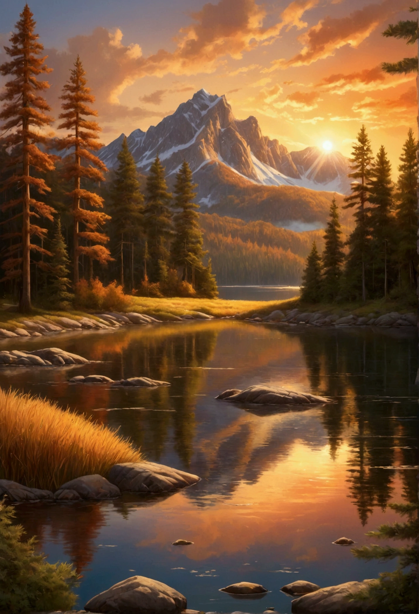 Create an image that depicts a realistic landscape scene at sunset. In the center of the sky, prominently display the setting sun, casting warm, golden rays across the scene. The foreground should include detailed pine trees with realistic textures and intricate reflections on the water of a calm lake. In the background, a mountain range should be visible with detailed textures and lighting to show depth. The sky should have a gradient of warm colors reflecting the sunset, with realistic clouds and atmospheric effects surrounding the sun, highlighting its glow and creating a serene, picturesque landscape."